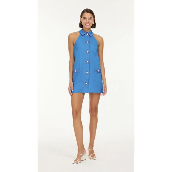 NWT My Beachy Side Amber Hand Crochet Buttons Halter Mini Dress in Blue Sz Small - Picture 3 of 16